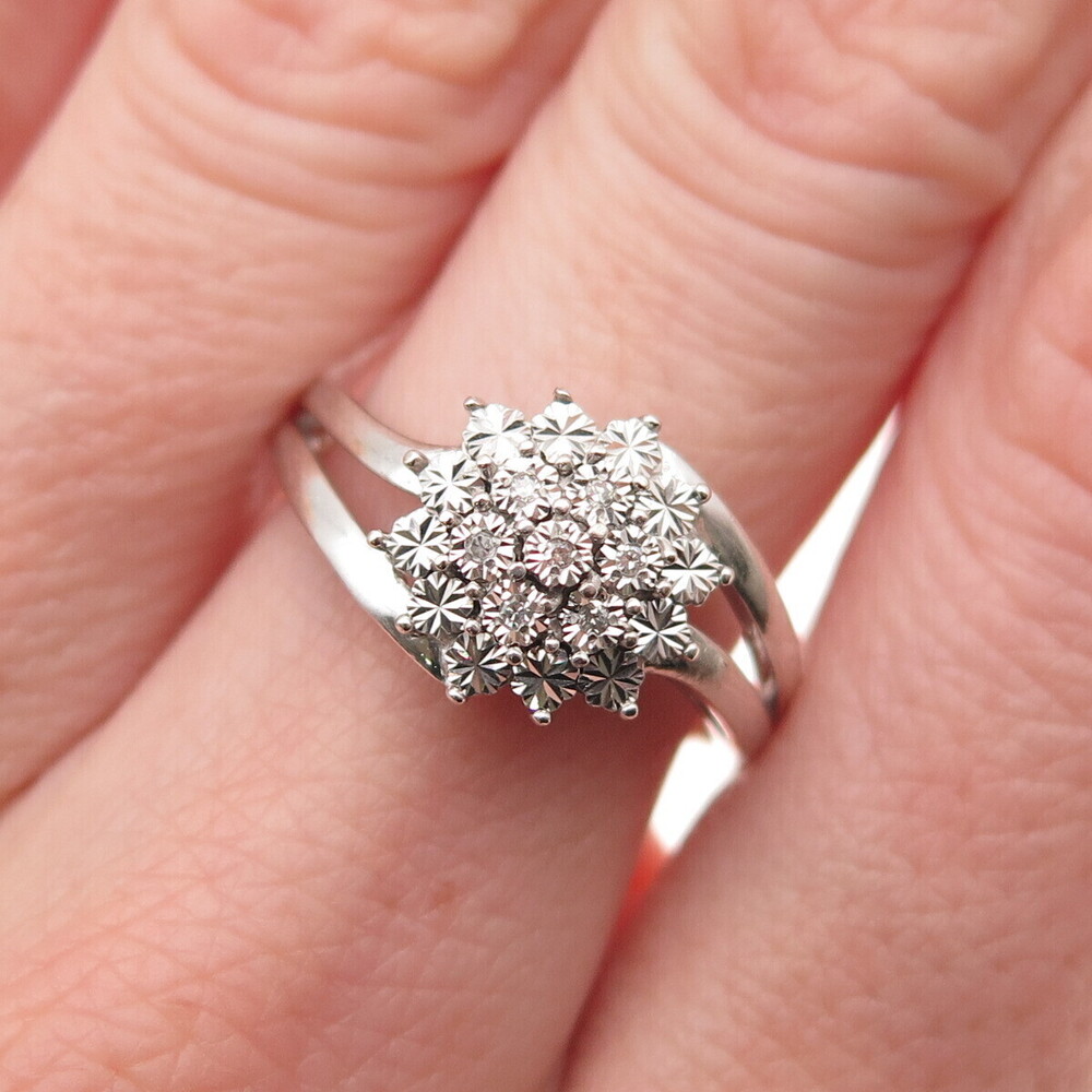 925 Sterling Silver Real Round-Cut Diamond Bypass Ring Size 7.25